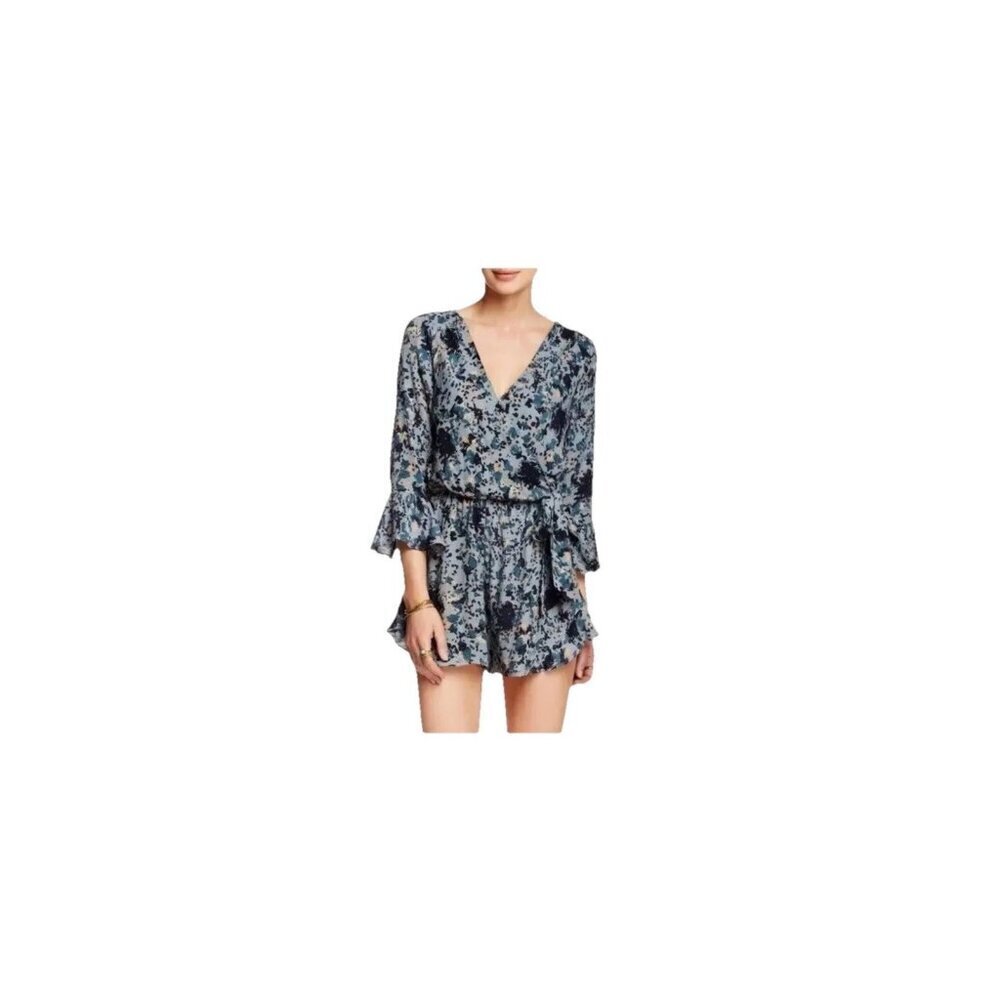 FREE PEOPLE Romper ALL THE RIGHT RUFFLES BLUE Floral Size Small Boho Festival